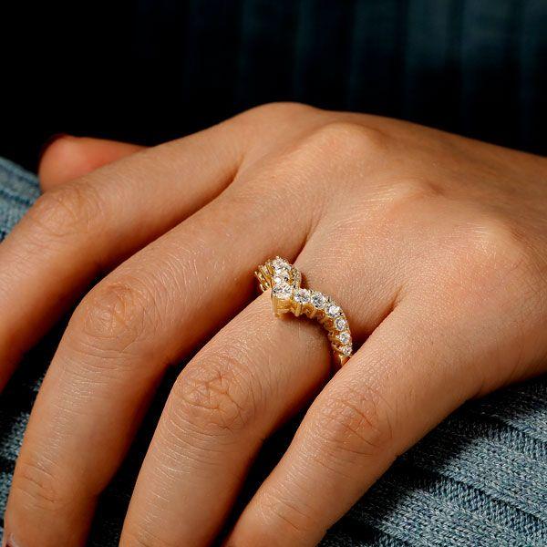 Golden V-Shaped Wedding Band - 18K Gold Plated Sterling Silver with Simulated Diamonds