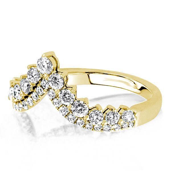 Golden V-Shaped Wedding Band - 18K Gold Plated Sterling Silver with Simulated Diamonds