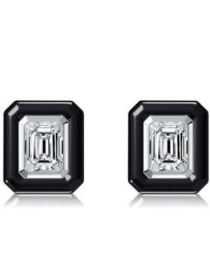 Emerald Cut White Sapphire Stud Earrings - Two Tone 925 Sterling Silver, 3.00 CT