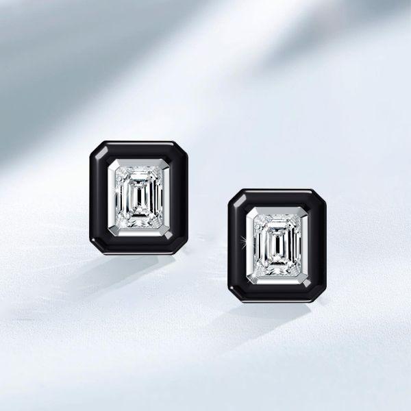 Emerald Cut White Sapphire Stud Earrings - Two Tone 925 Sterling Silver, 3.00 CT