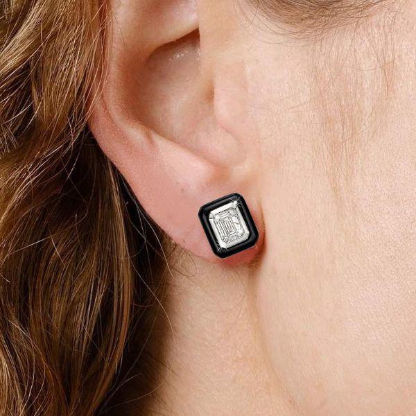 Emerald Cut White Sapphire Stud Earrings - Two Tone 925 Sterling Silver, 3.00 CT
