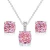 Cushion Cut Pink Stone Necklace and Earring Set in Rhodium-Plated Sterling Silver