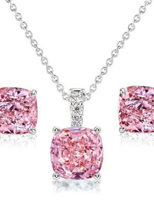 Cushion Cut Pink Stone Necklace and Earring Set in Rhodium-Plated Sterling Silver