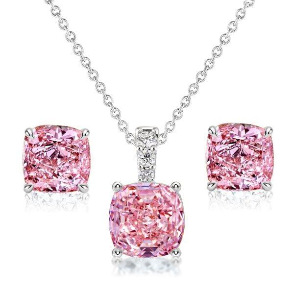 Cushion Cut Pink Stone Necklace and Earring Set in Rhodium-Plated Sterling Silver
