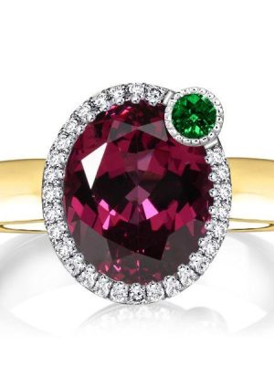 Two-Tone Halo Oval Ruby & Sapphire Engagement Ring - Sterling Silver