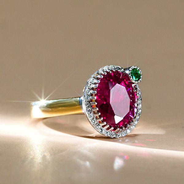 Two-Tone Halo Oval Ruby & Sapphire Engagement Ring - Sterling Silver
