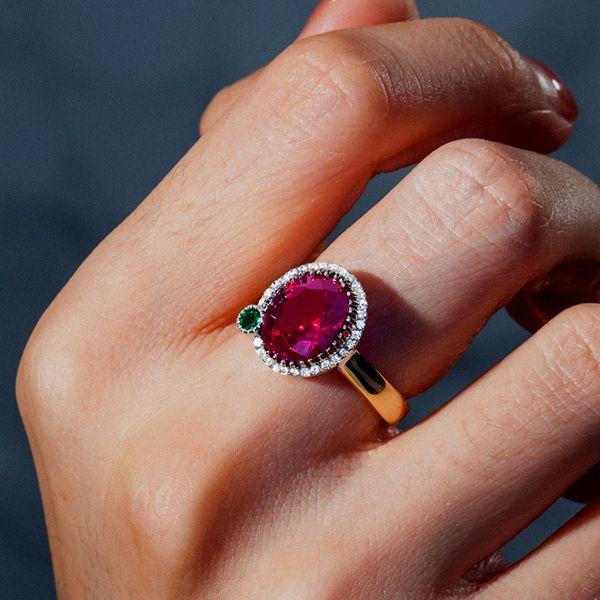 Two-Tone Halo Oval Ruby & Sapphire Engagement Ring - Sterling Silver