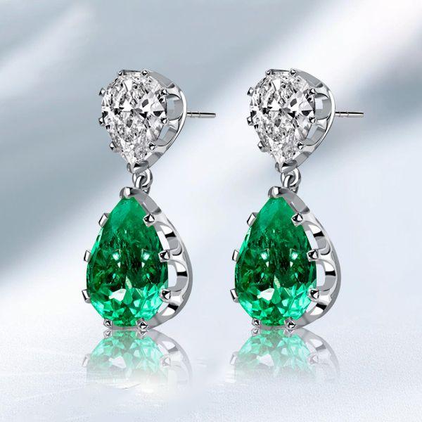 Pear-Shaped Emerald Sapphire Drop Earrings in Sterling Silver