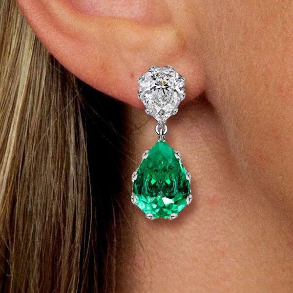 Pear-Shaped Emerald Sapphire Drop Earrings in Sterling Silver