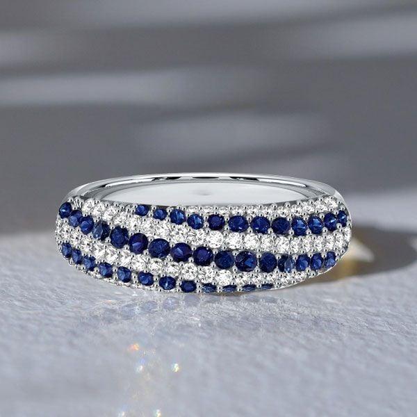 Sterling Silver White and Blue Sapphire Swirl Wedding Band Anniversary Ring (0.99 CTW)
