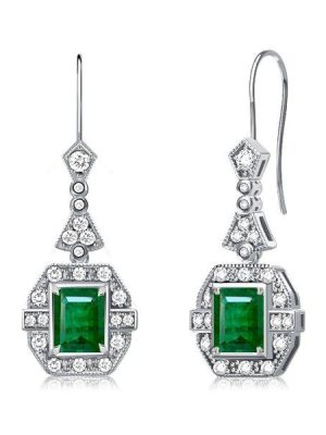 Art Deco Emerald & Sapphire Drop Earrings - 925 Sterling Silver