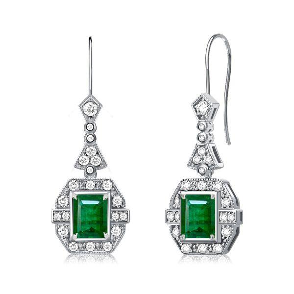 Art Deco Emerald & Sapphire Drop Earrings - 925 Sterling Silver