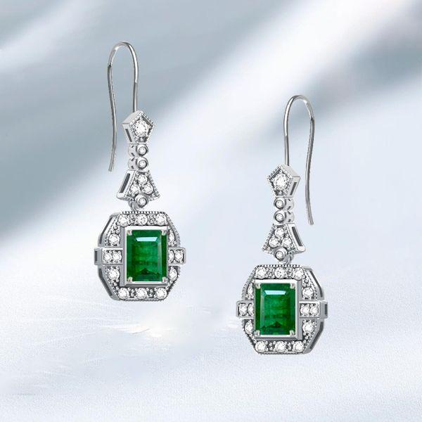 Art Deco Emerald & Sapphire Drop Earrings - 925 Sterling Silver