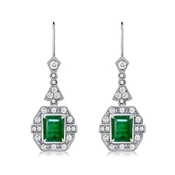 Art Deco Emerald & Sapphire Drop Earrings - 925 Sterling Silver