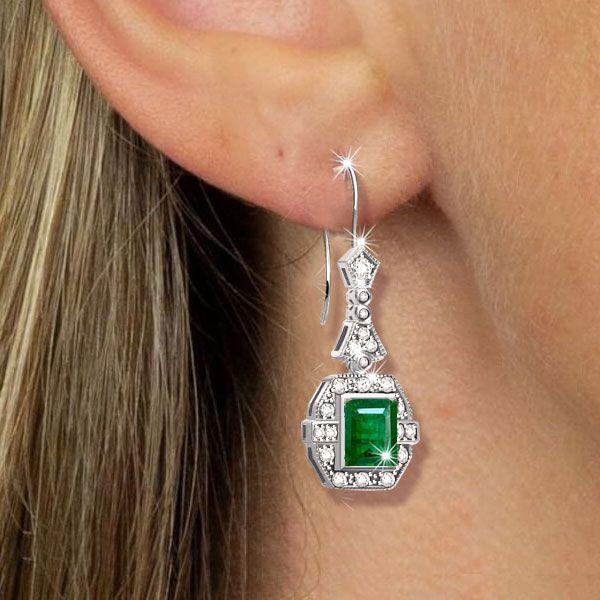 Art Deco Emerald & Sapphire Drop Earrings - 925 Sterling Silver