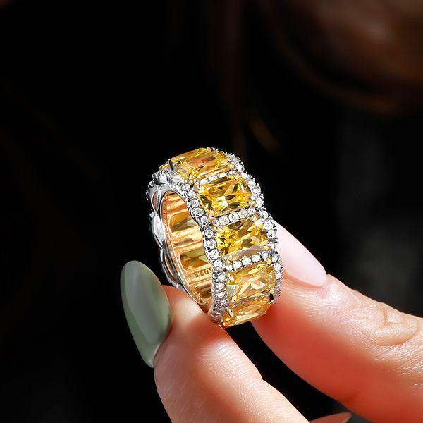 Women's Prong Cushion Cut Yellow Golden Wedding Band in Sterling Silver