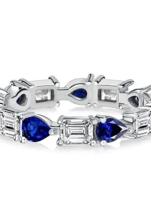 Pear Shaped Blue Sapphire Eternity Band Ring in 925 Sterling Silver with Rhodium Finish