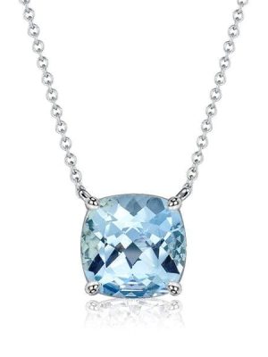 Cushion Cut Aquamarine Solitaire Necklace in Sterling Silver with Rhodium Plating