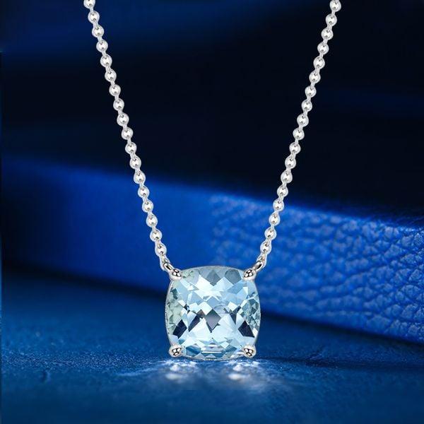 Cushion Cut Aquamarine Solitaire Necklace in Sterling Silver with Rhodium Plating