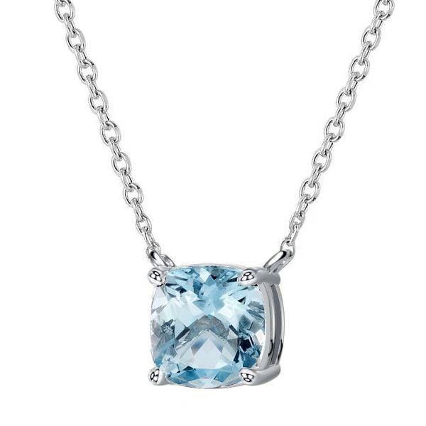 Cushion Cut Aquamarine Solitaire Necklace in Sterling Silver with Rhodium Plating