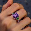 Unique Three Stone Amethyst Engagement Ring in 925 Sterling Silver with Rhodium Finish