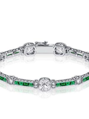 Emerald & Sterling Silver Tennis Bracelet - Milgrain Detail - 6-9 Inch