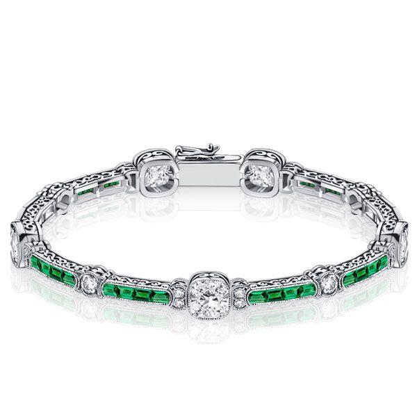 Emerald & Sterling Silver Tennis Bracelet - Milgrain Detail - 6-9 Inch