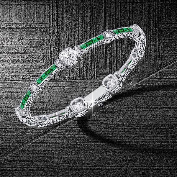 Emerald & Sterling Silver Tennis Bracelet - Milgrain Detail - 6-9 Inch