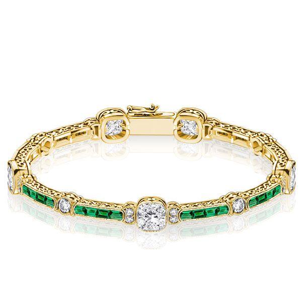 Emerald & Sterling Silver Tennis Bracelet - Milgrain Detail - 6-9 Inch