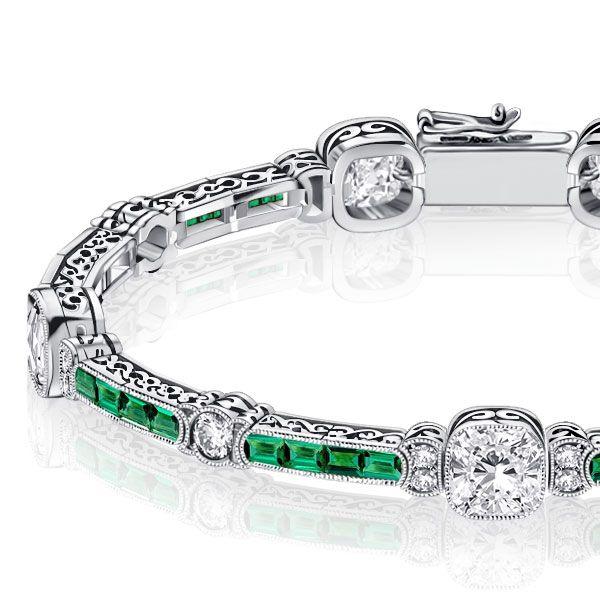 Emerald & Sterling Silver Tennis Bracelet - Milgrain Detail - 6-9 Inch