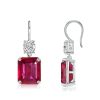 Emerald Cut Ruby Drop Earrings for Women in Rhodium-Plated 925 Sterling Silver