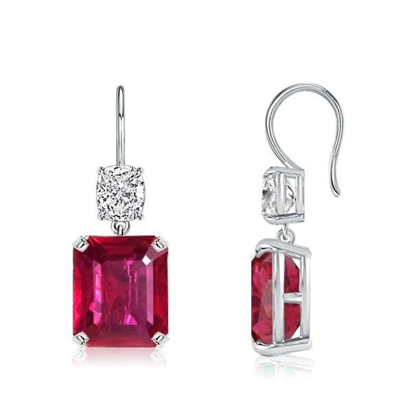Emerald Cut Ruby Drop Earrings for Women in Rhodium-Plated 925 Sterling Silver