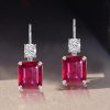 Emerald Cut Ruby Drop Earrings for Women in Rhodium-Plated 925 Sterling Silver