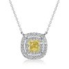 Double Halo Yellow Topaz Cushion Cut Pendant Necklace in Sterling Silver