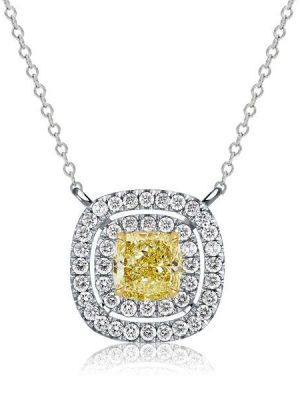 Double Halo Yellow Topaz Cushion Cut Pendant Necklace in Sterling Silver
