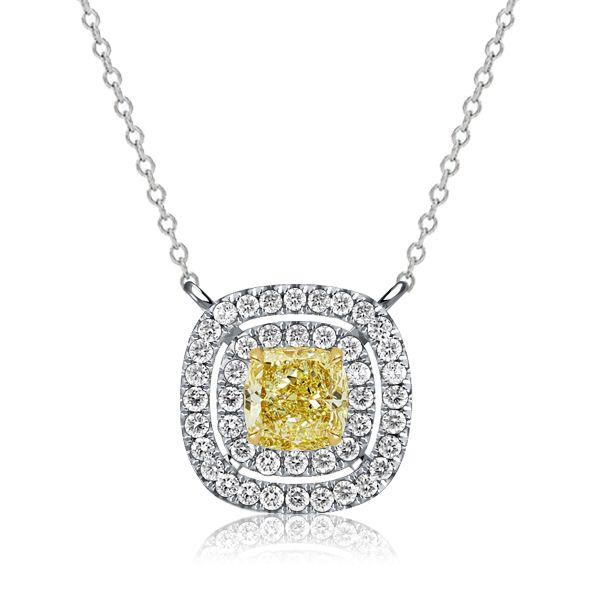 Double Halo Yellow Topaz Cushion Cut Pendant Necklace in Sterling Silver