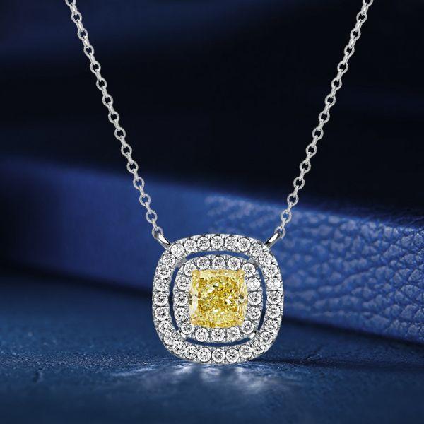 Double Halo Yellow Topaz Cushion Cut Pendant Necklace in Sterling Silver