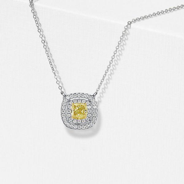 Double Halo Yellow Topaz Cushion Cut Pendant Necklace in Sterling Silver
