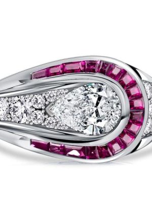 Art Deco Pear Shaped Ruby Ring in Sterling Silver with Rhodium Plating