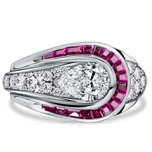 Art Deco Pear Shaped Ruby Ring in Sterling Silver with Rhodium Plating