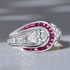 Art Deco Pear Shaped Ruby Ring in Sterling Silver with Rhodium Plating