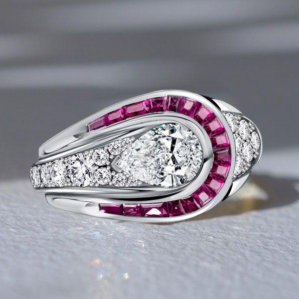 Art Deco Pear Shaped Ruby Ring in Sterling Silver with Rhodium Plating