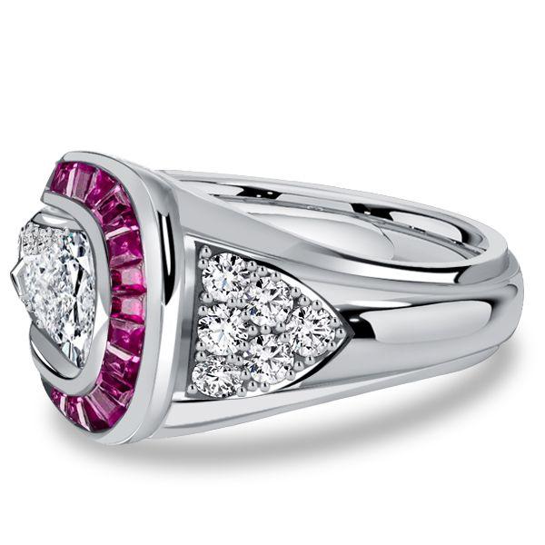 Art Deco Pear Shaped Ruby Ring in Sterling Silver with Rhodium Plating