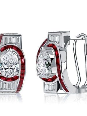 Art Deco Pear Shaped Ruby Sterling Silver Hoop Earrings with Omega Back