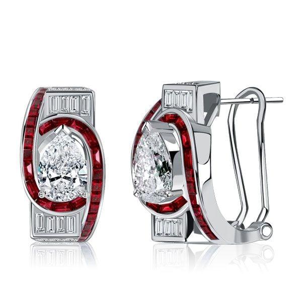 Art Deco Pear Shaped Ruby Sterling Silver Hoop Earrings with Omega Back