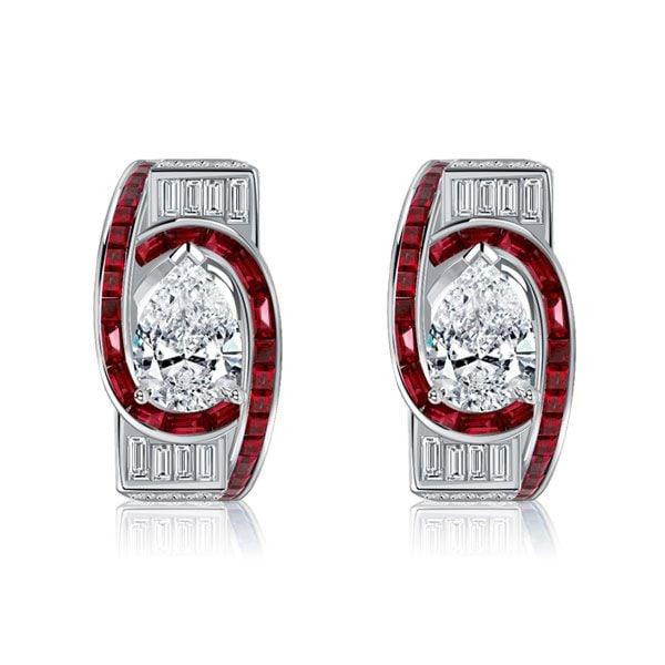 Art Deco Pear Shaped Ruby Sterling Silver Hoop Earrings with Omega Back