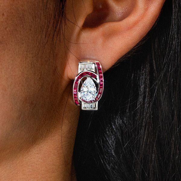 Art Deco Pear Shaped Ruby Sterling Silver Hoop Earrings with Omega Back