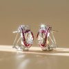Art Deco Pear Shaped Ruby Sterling Silver Hoop Earrings with Omega Back