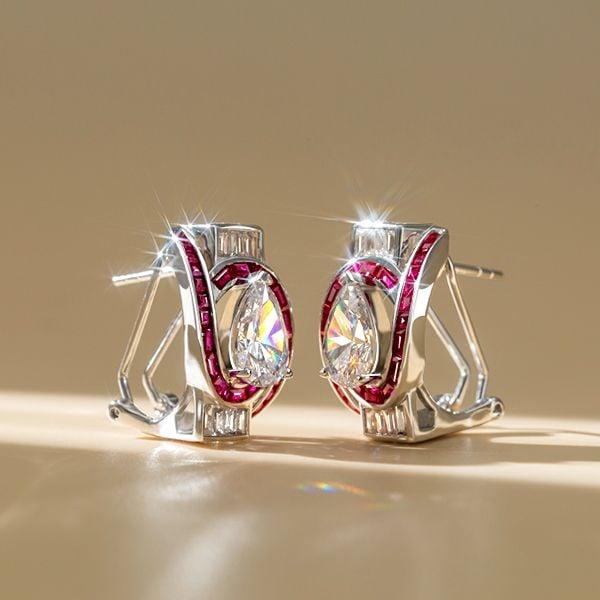 Art Deco Pear Shaped Ruby Sterling Silver Hoop Earrings with Omega Back