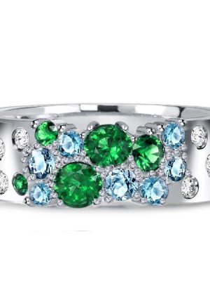 Emerald, Sapphire & Aquamarine Sterling Silver Wedding Band Ring